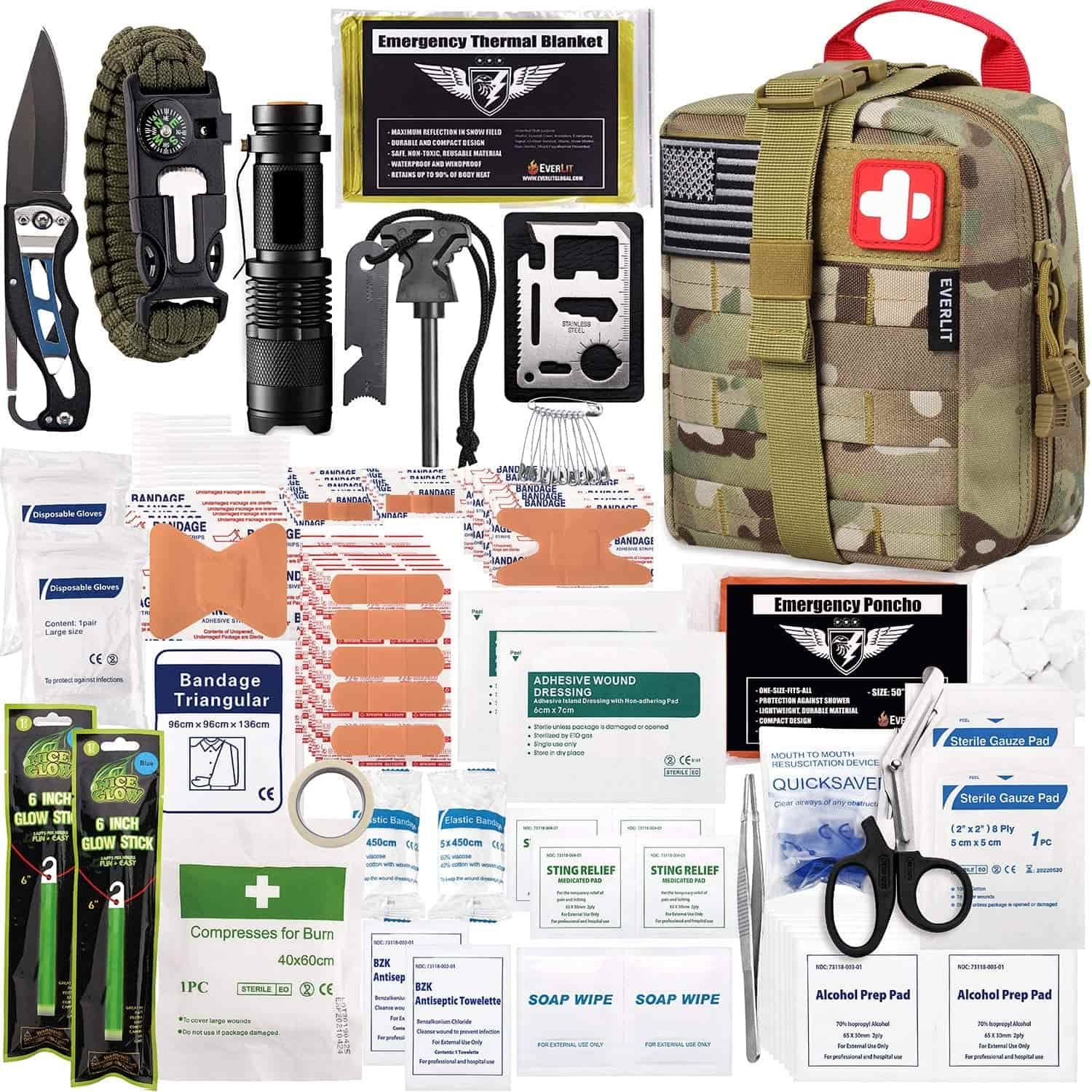 Camo Survival First Aid Kit obsahuje Obsahuje 250 dielov prvej pomoci